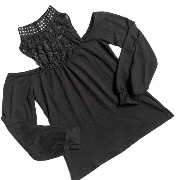 NWOT CHICME BLACK LONG SLEEVE MOCKNECK BLOUSE W/ BLING, LACE AND COLD SHOULDERS - Picture 3 of 8